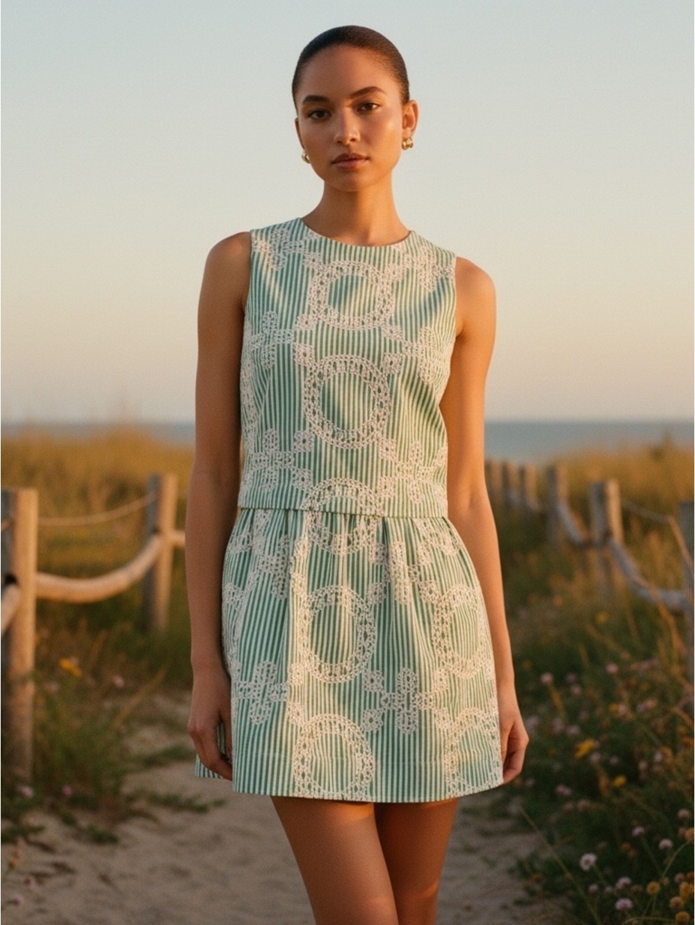 XXS Tuckernuck Hyacinth House Green Stripe Vintage Embroidery Paige Mini Dress
